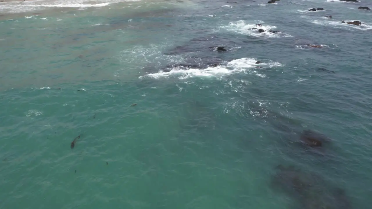 orbit aerial shot of white caps breaking on some small sea stacks poking out of the crystal clear turquoise water in dana point California west coast usa