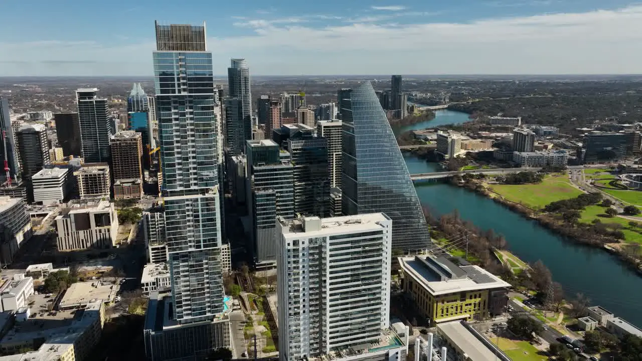 Aerial shot of downtown Austin TX with the Colorado River in frame