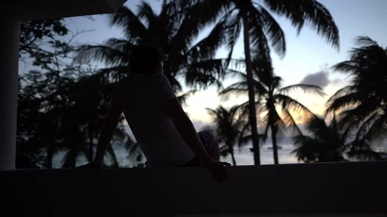 Man looking into sunset with palm trees and ocean view