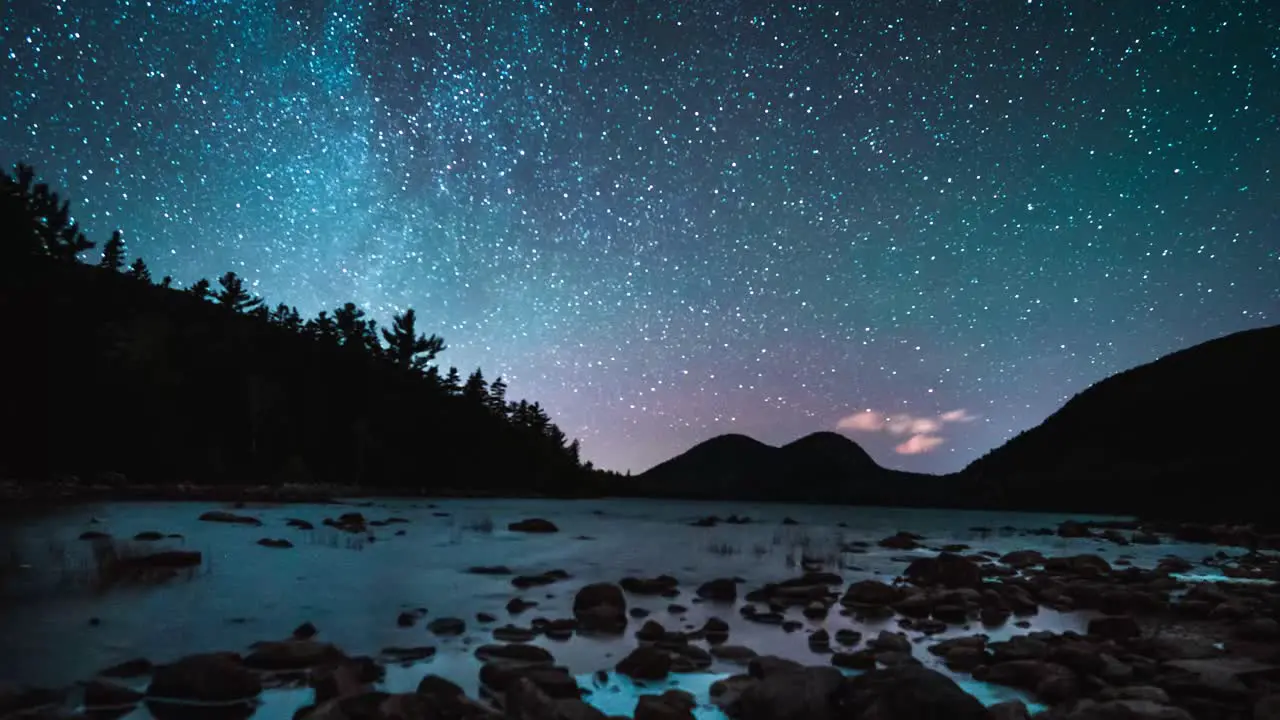 Timelapse of the Milky Way Galaxy stars at nighttime over a lake with trees and mountains in the distance