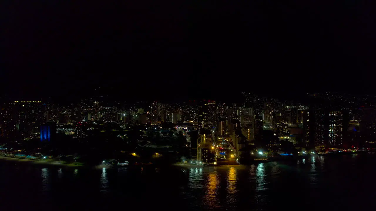 Distant aerial view of Honolulu Hawaiii and Waikiki at night