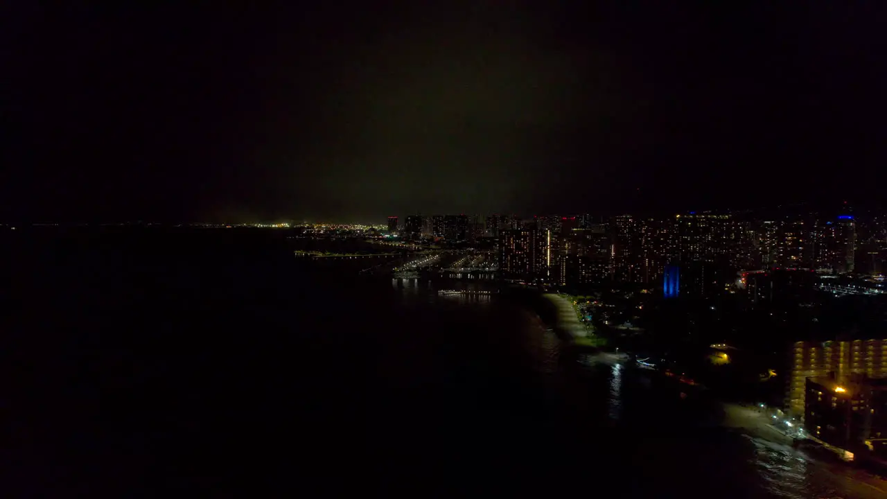 Aerial view of northwest coastline of Honolulu Hawaii at night