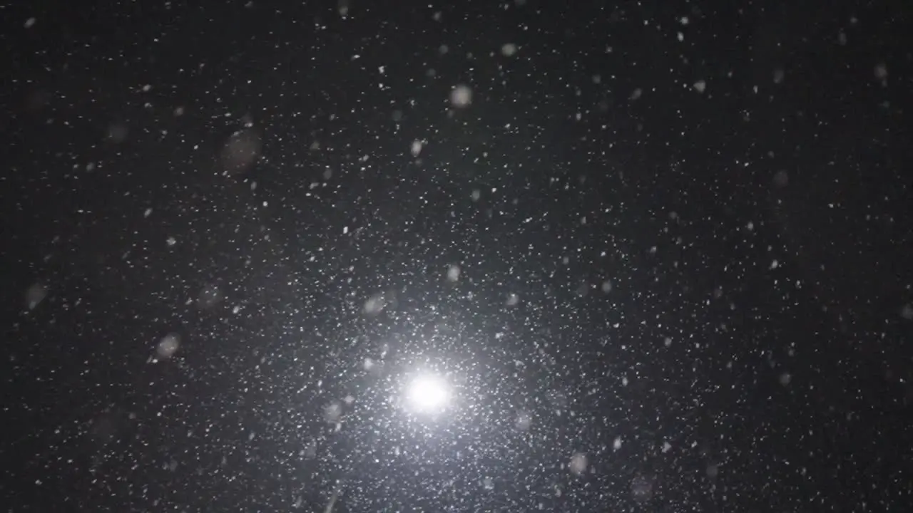 slow motion during a snowfall in a city at night tilting down