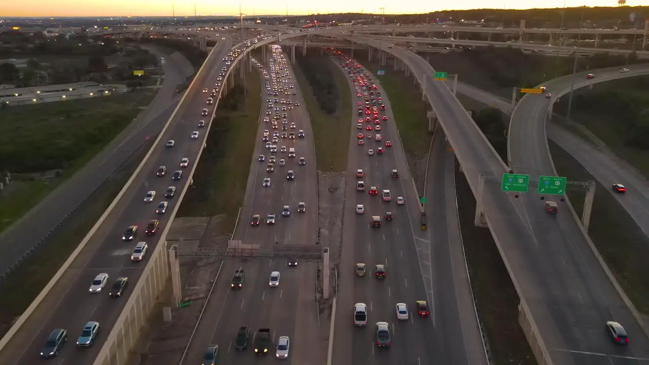 Stationary drone shot of rush hour traffic in San Antonio Texas