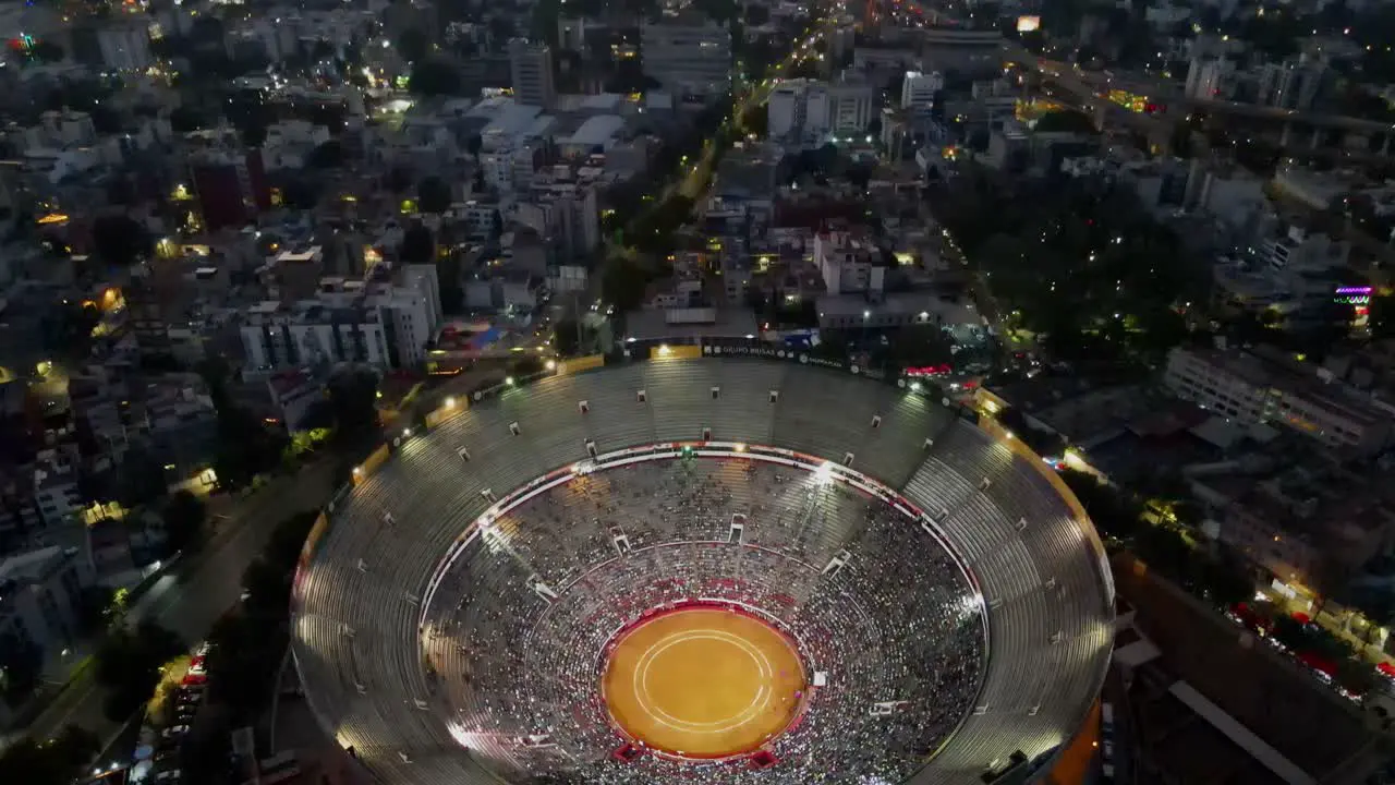 People in Bullfight Stadion Drone Shot Nighttime Mexico City