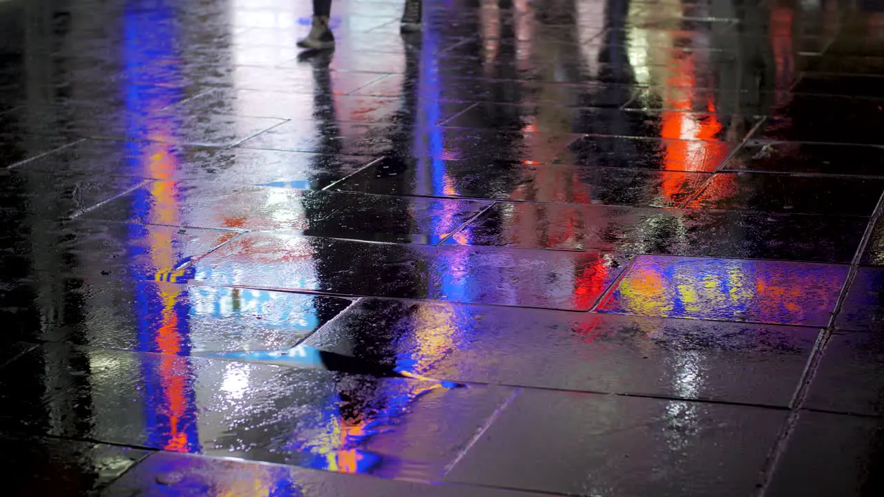 Colourful city light view reflections on water during rainy day