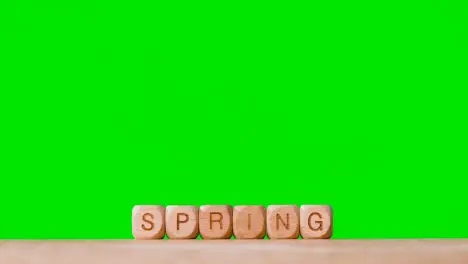 Concept With Wooden Letter Cubes Or Dice Spelling Spring Against Green Screen