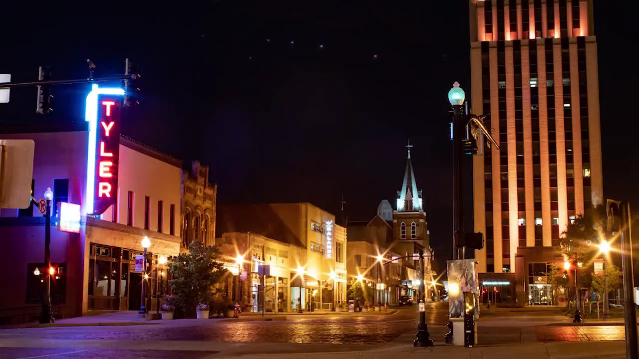 A timelapse of downtown Tyler Texas at night