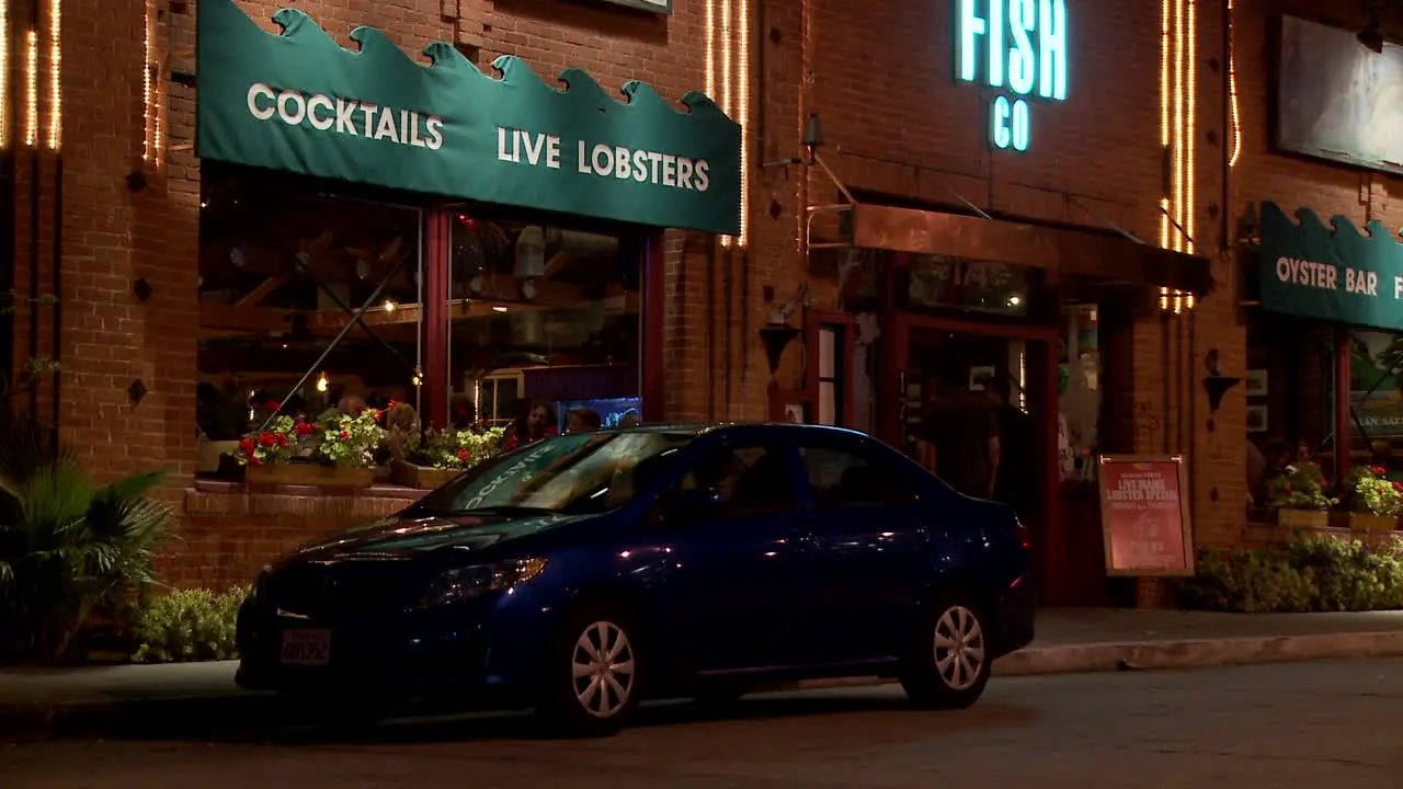 Exterior establishing shot of a seafood restaurant