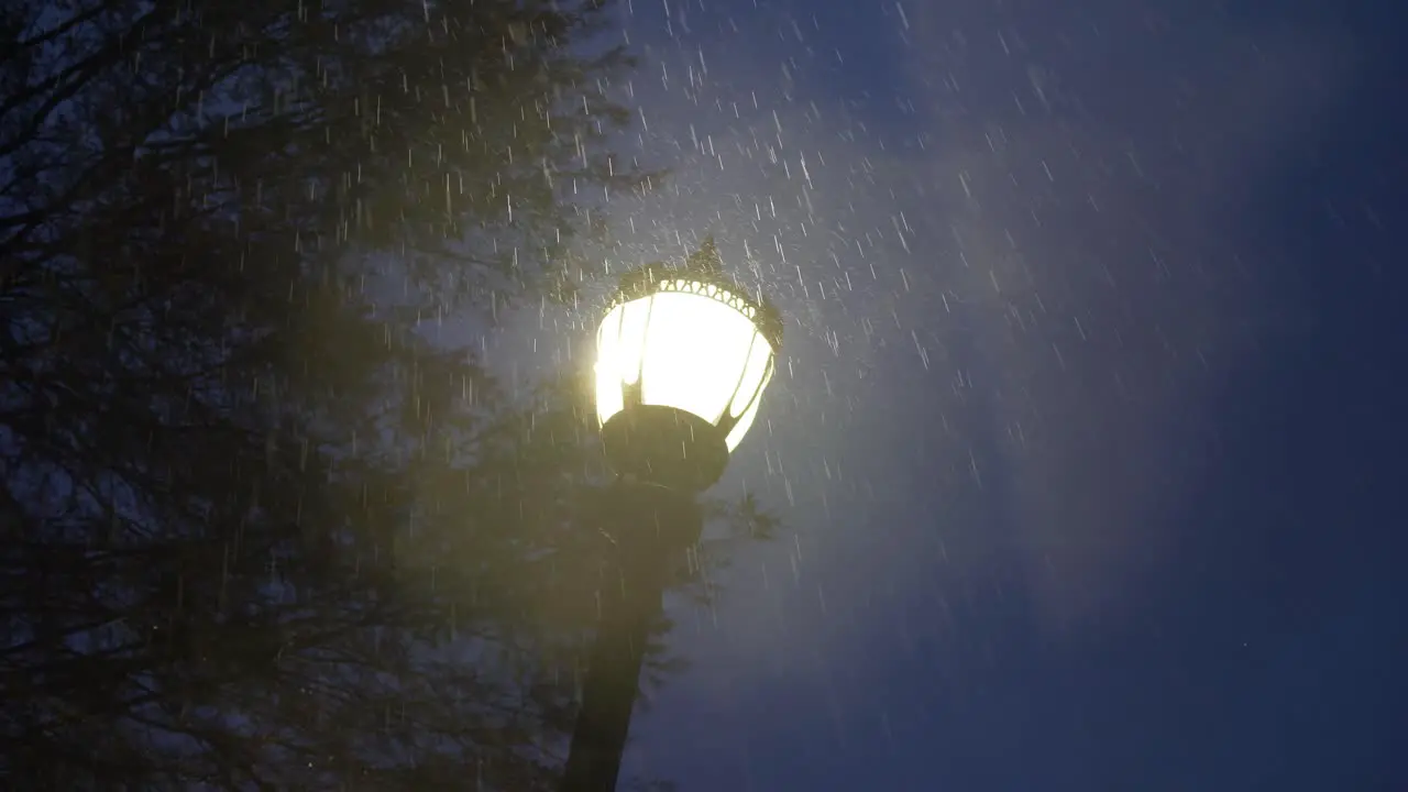 street lamp in rain at night water drops on camera lens