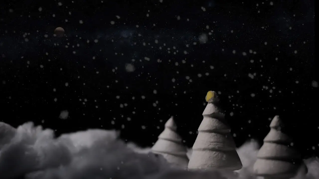 Animated snowy toy landscape with Christmas trees at night moon and snow