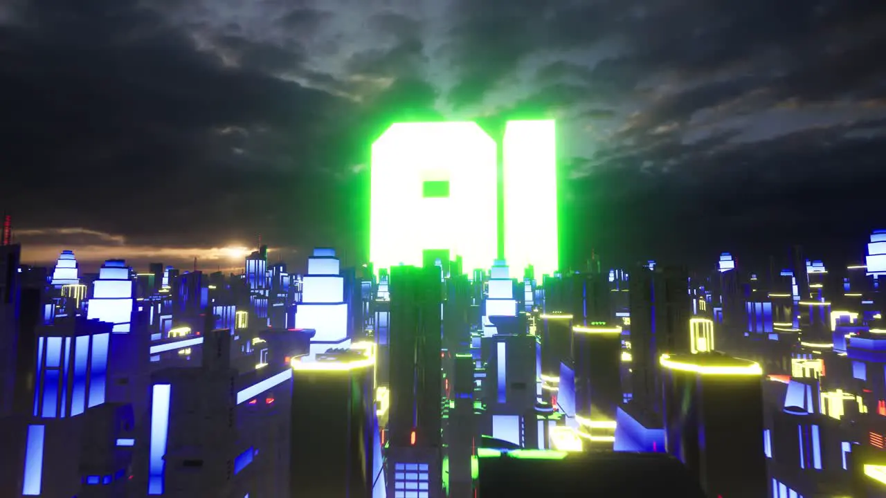 Metaverse Sci-fi futuristic city with bright colorful neon lights at dawn time with clouds on the sky and AI huge letters glowing at the back 3D animation camera doly forward