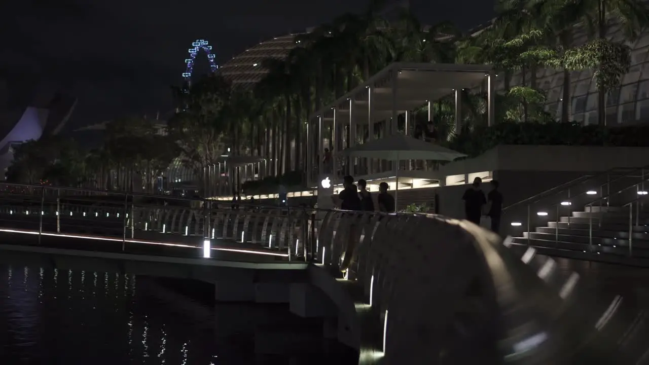 View of people walking along Marina Bay Sands Boardwalk at night with the Singapore flyer as the background