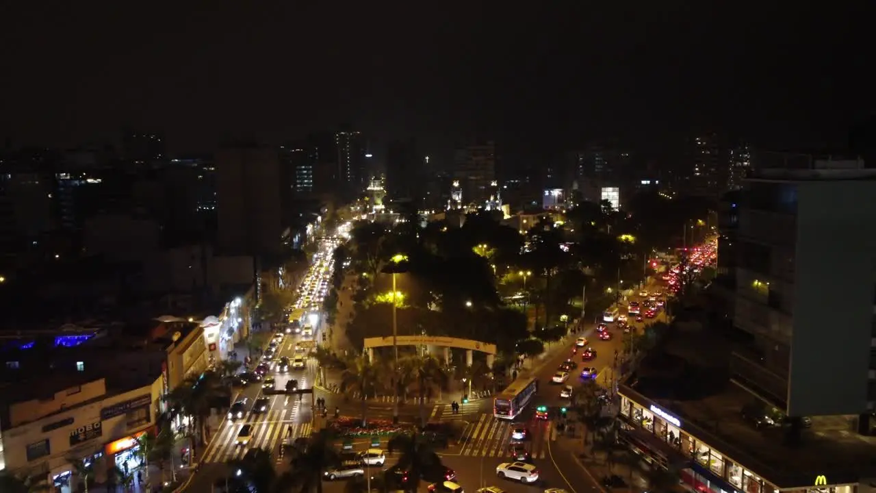 Drone 4k aerial video of night time Lima Peru of "Kennedy Park" in the Miraflores district