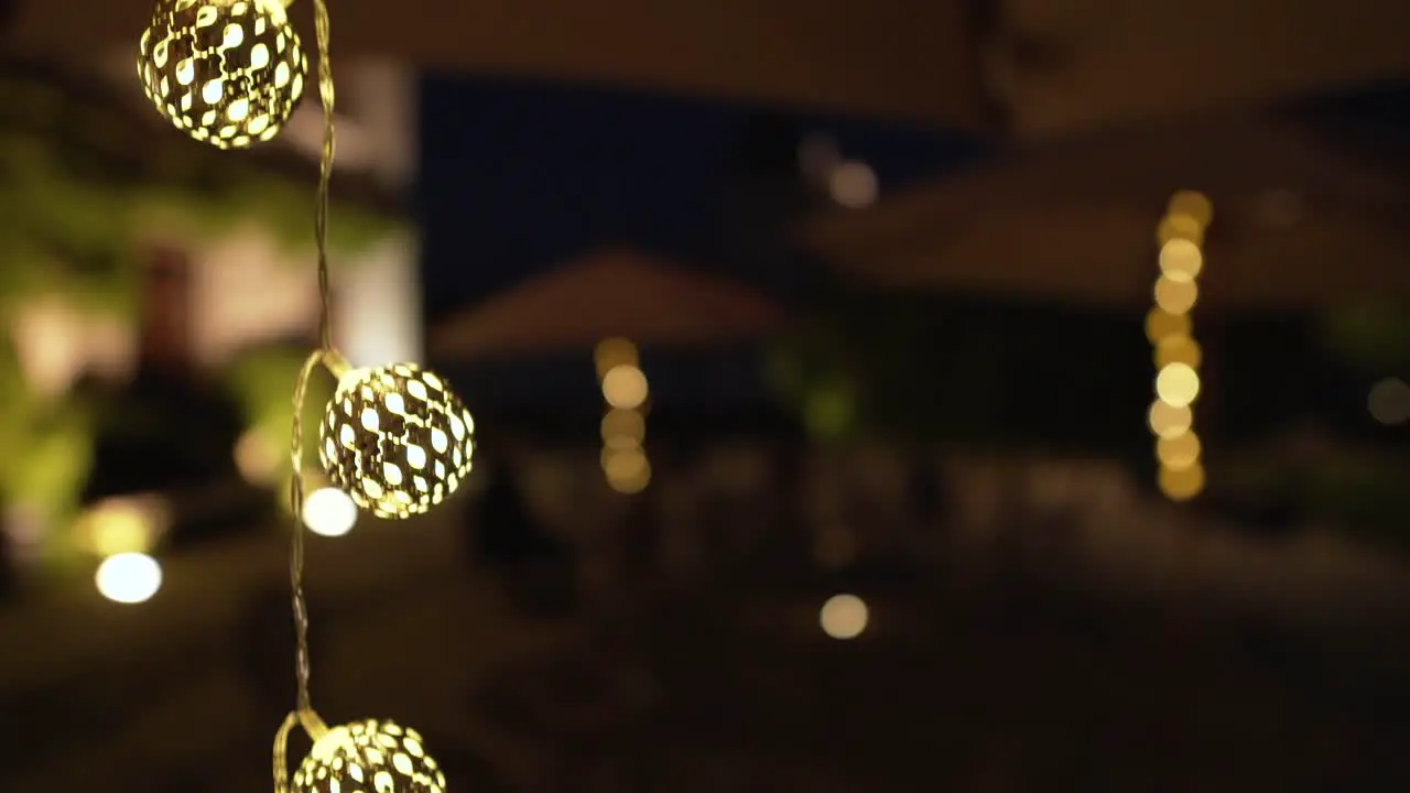 detail of decorative light balls hanging and glowing in a garden at night