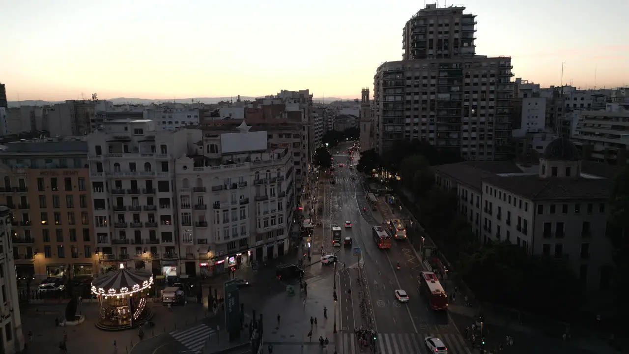 Sunset Drone Video over City Street in Valencia Spain