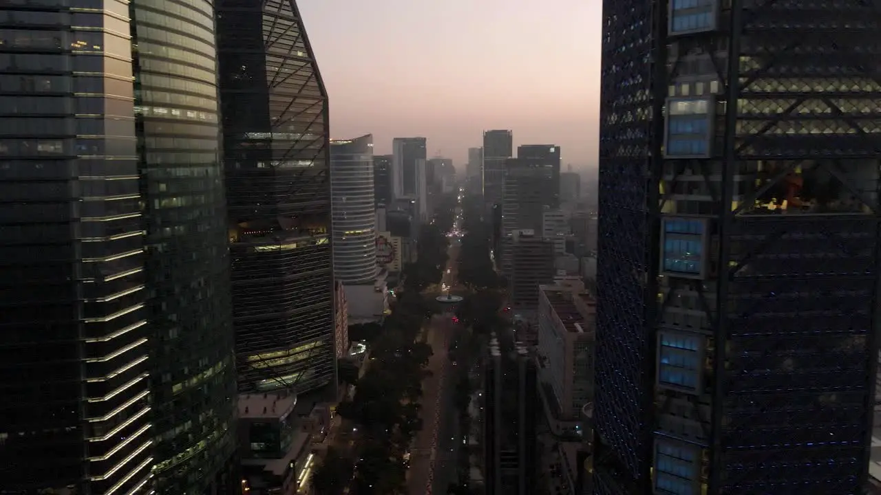 Moving drone between BBVA Tower and The Ritz-Carlton Tower which are separated by the iconic Paseo de La Reforma avenue