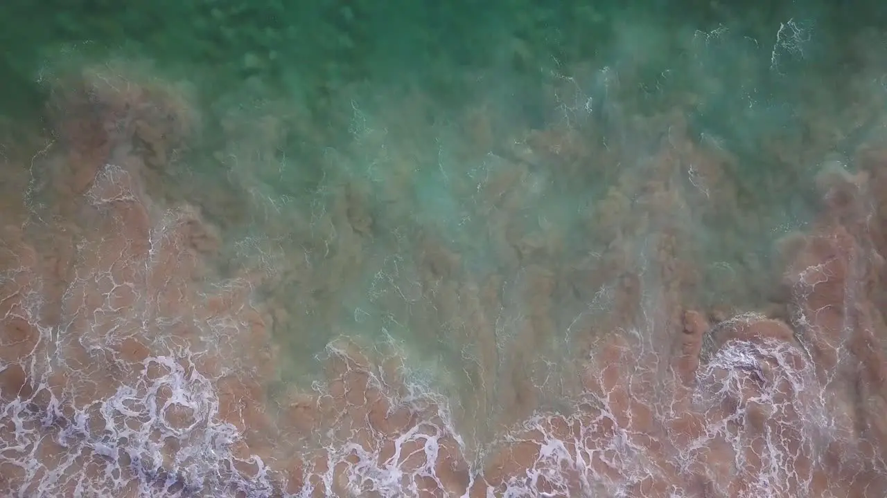 Aerial overhead shot of a green ocean with big waves reaching the beach