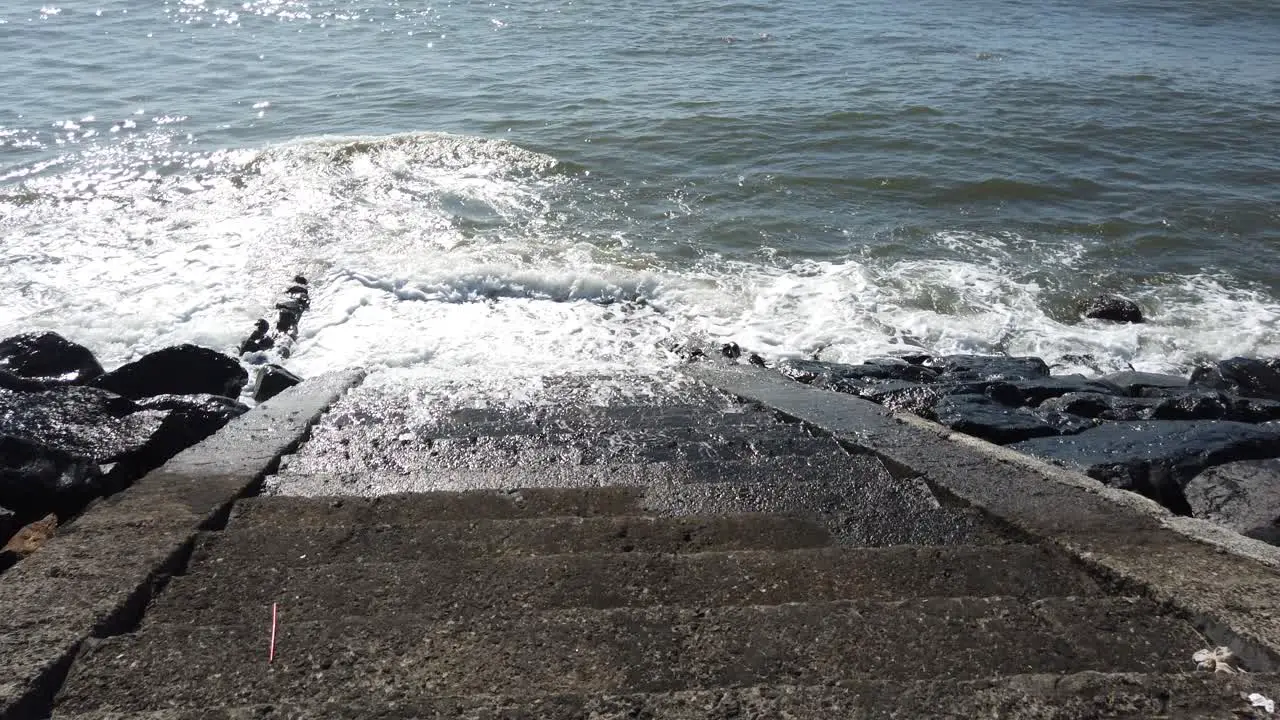 Old Stone Stair Way to Blue Swollen Sea Bali Indonesia Mysterious Ocean Waves 60 FPS