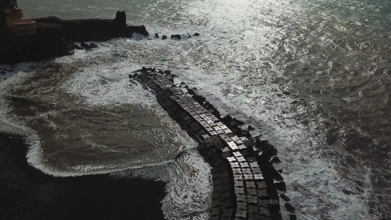 Drone shot of a water breaker in Madeira