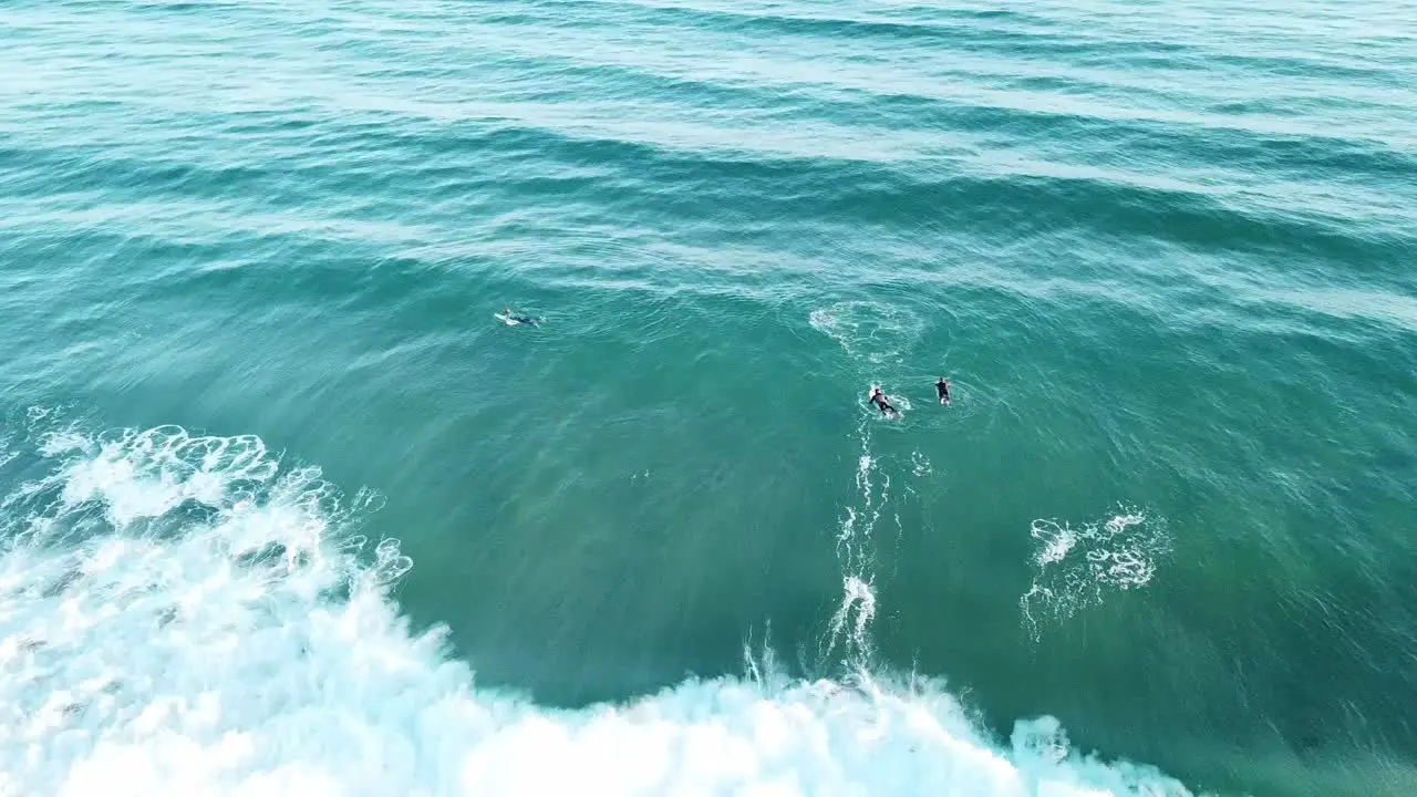 Drone arial of surfers at the beach in the blue ocean trying to catch waves to surf and falling