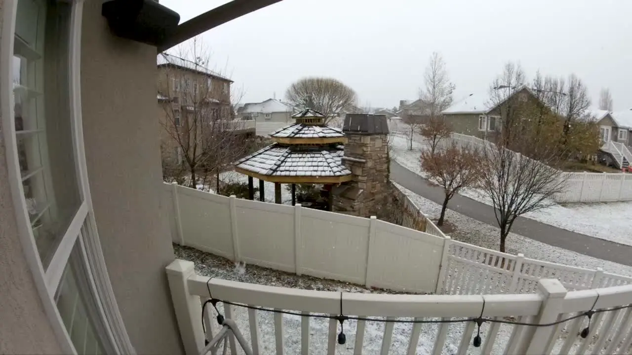 White Christmas morning with snow falling in slow motion