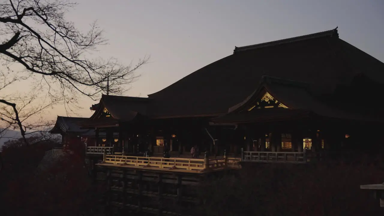 Dusk over Kiyomizu-Dera Temple in Kyoto Japan Slow Pan Shot