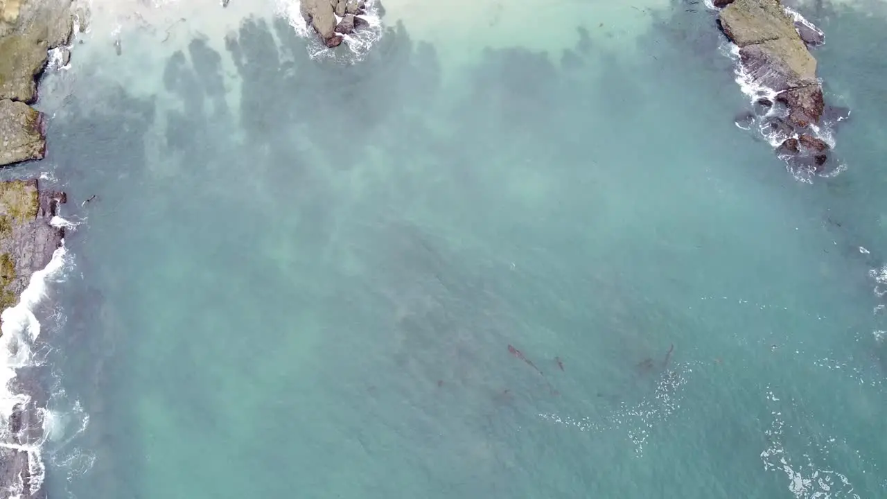 Aerial Pan Down Coastal Beach Clear Water Waves Washing On Shore