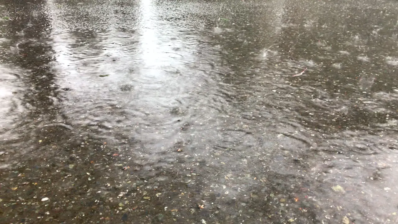 Slow motion of heavy rain drops falling on concrete street and bouncing off