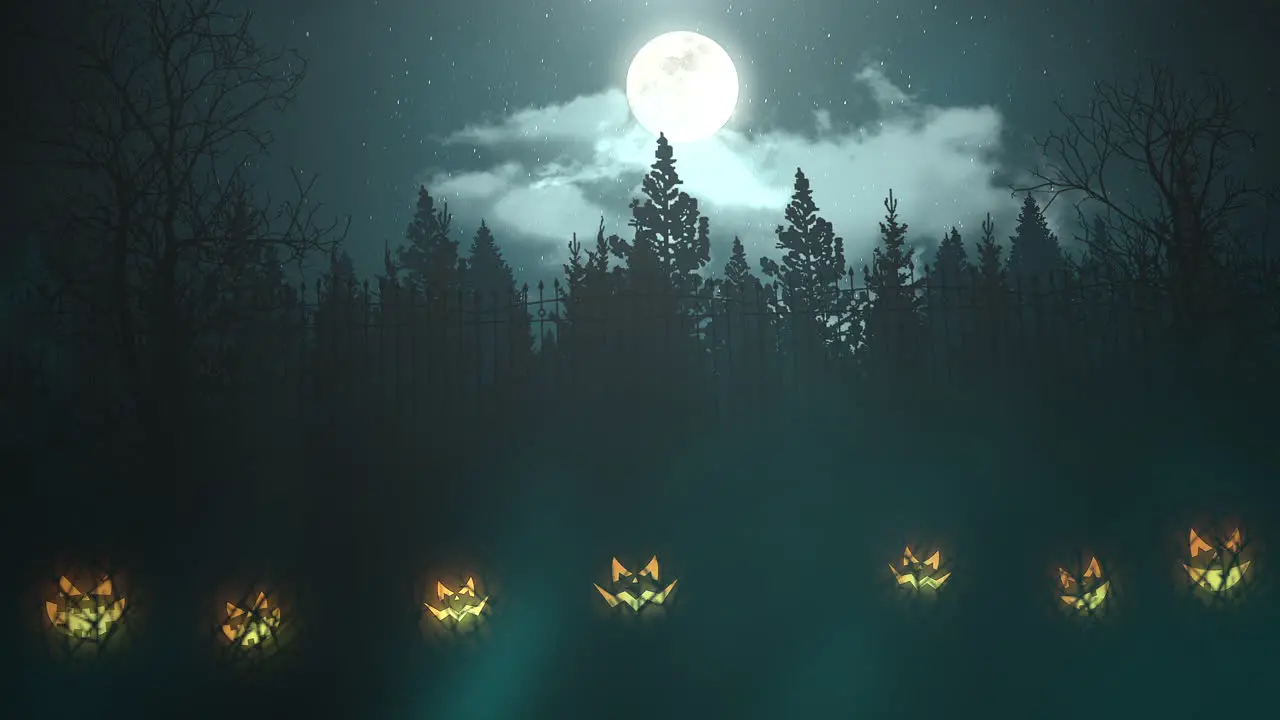 Mystical moon and forest with pumpkins in night time