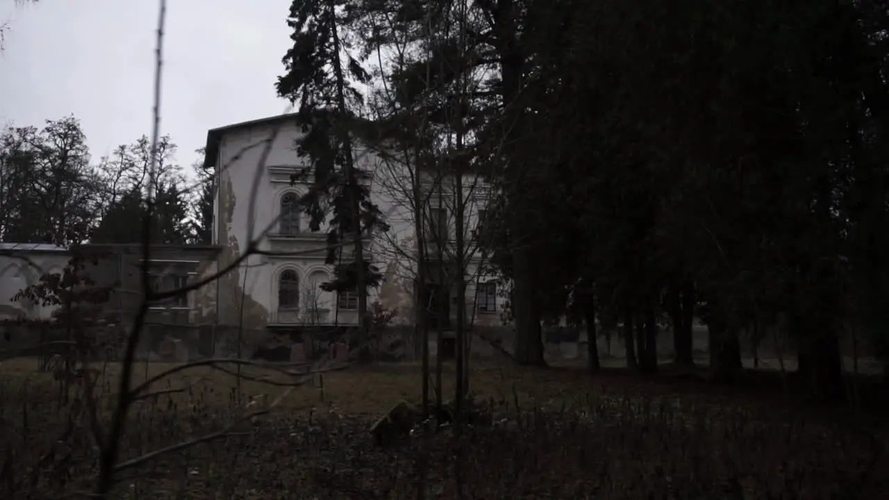 Eye level view over an old abandoned mansion covers the trees dark colours concept camera side shot