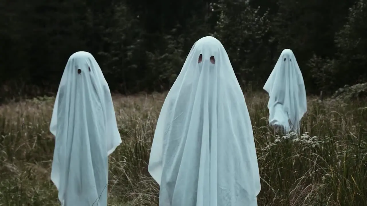 Three kids dressed up as ghosts celebrating Halloween white ghost in grass field