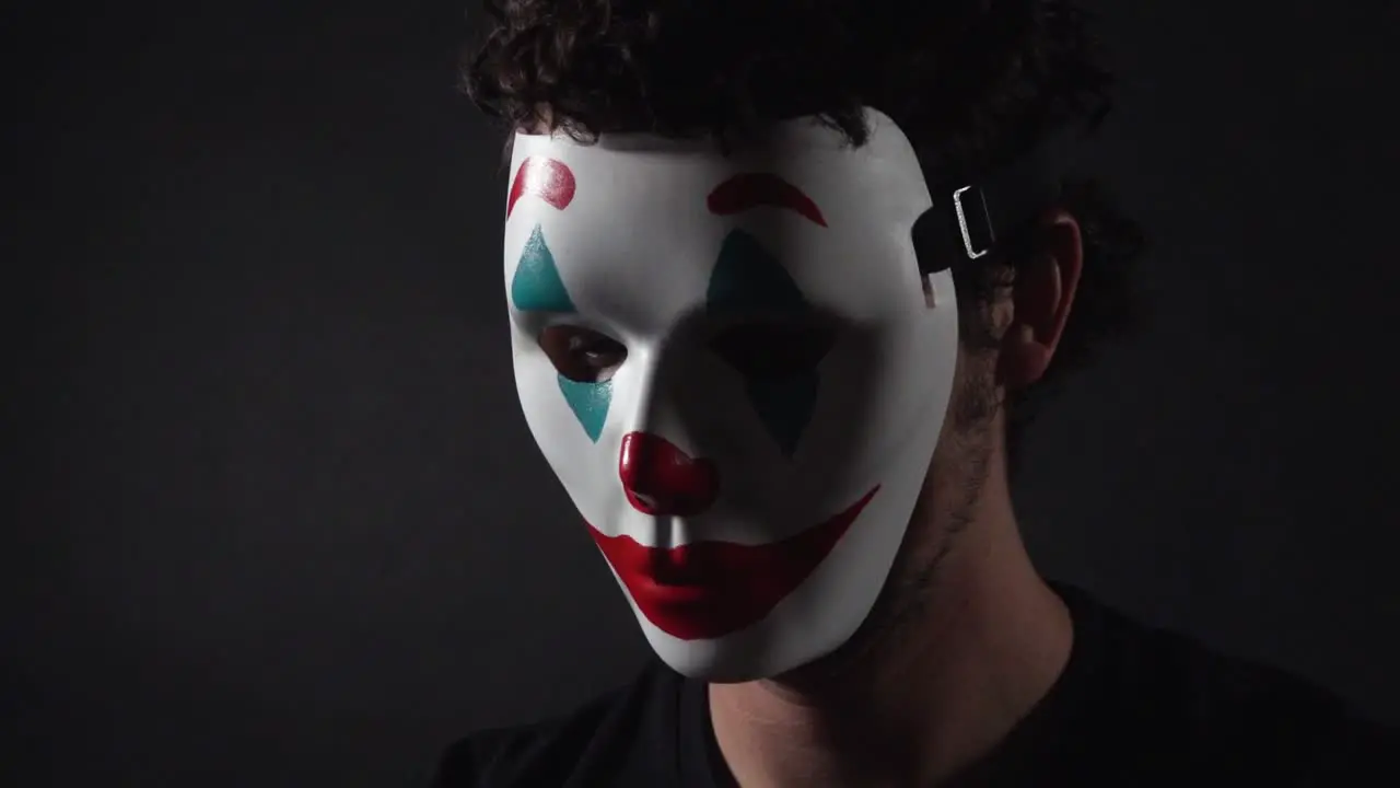 Man Wearing The Joker Themed Clown Mask in Dark Black Room