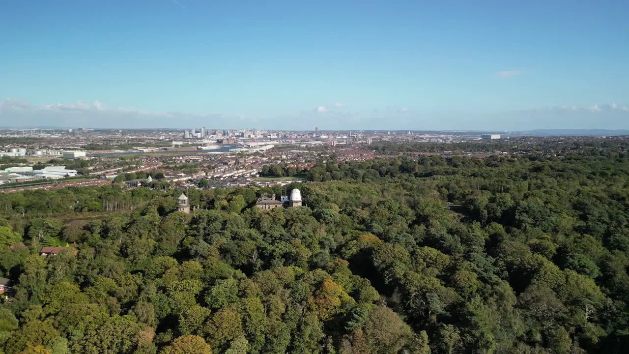 Bidston Observatory aerial drone reverse fly forward and reveal Liverpool City backdrop