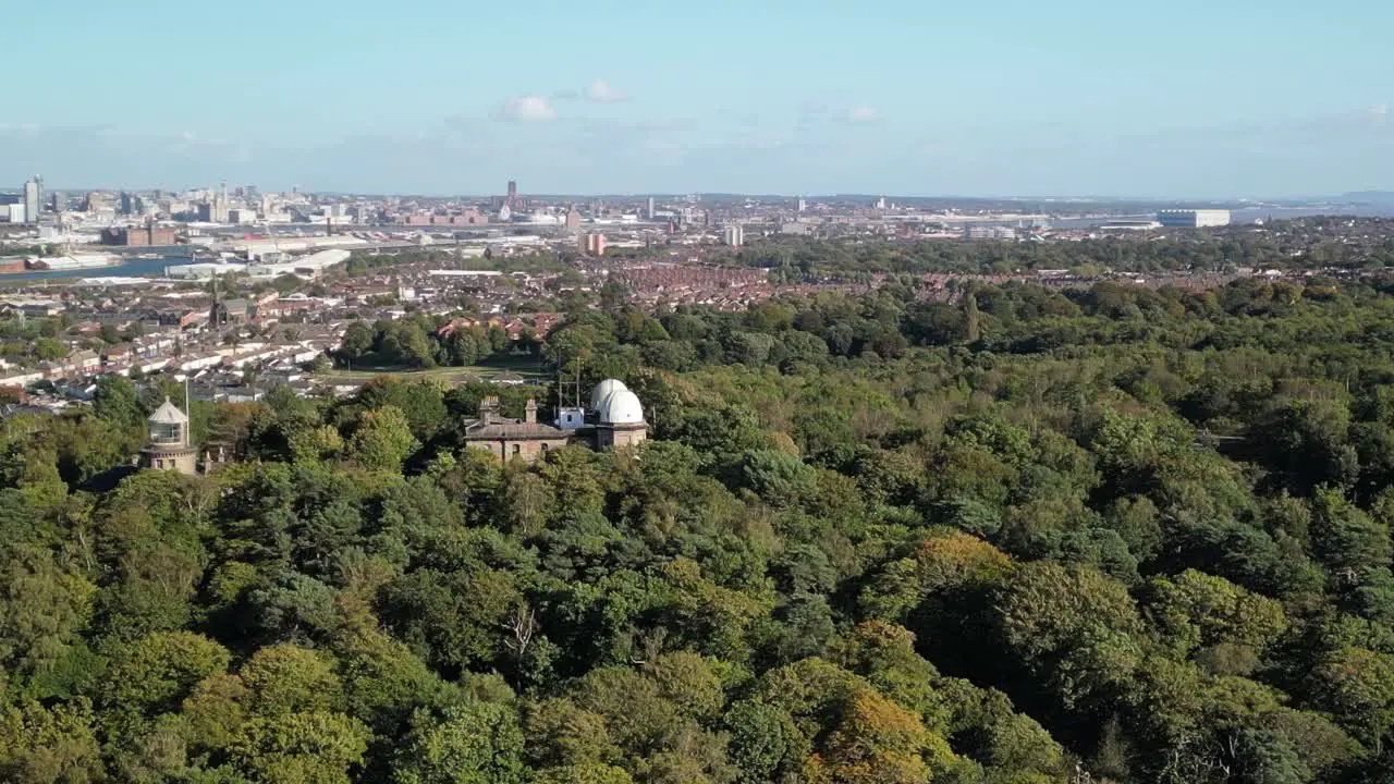 Bidston Observatory aerial drone parallax pan Liverpool City backdrop