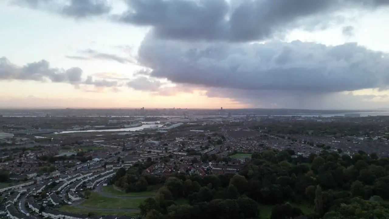 Bidston Hill towards Liverpool at dawn aerial drone quick timelapse