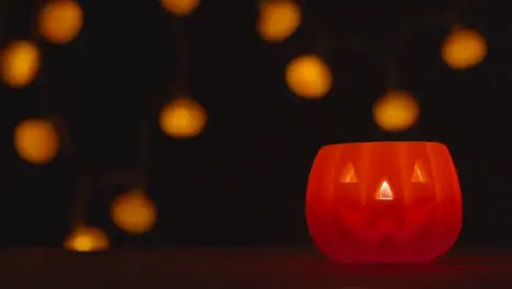 Halloween Pumpkin Jack-O-Lantern With Candle Made From Carved Out Pumpkin With Lights