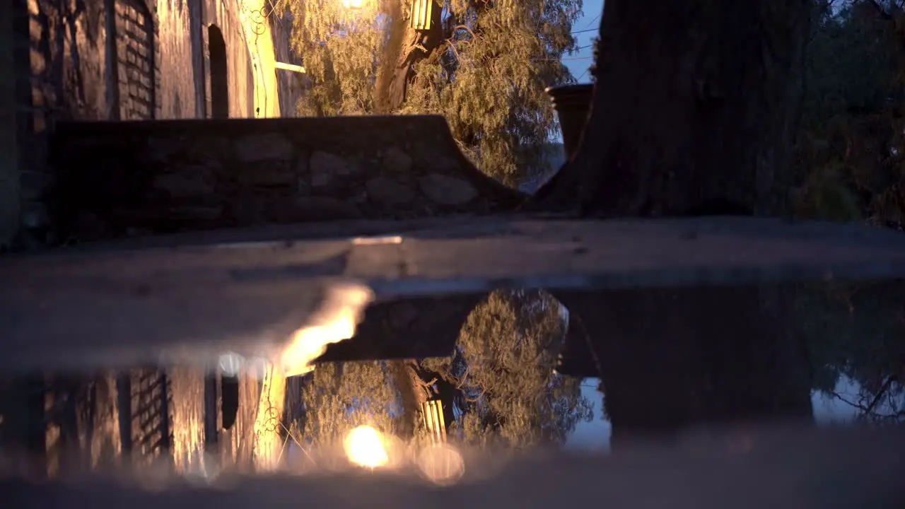 Puddle on a sidewalk at night