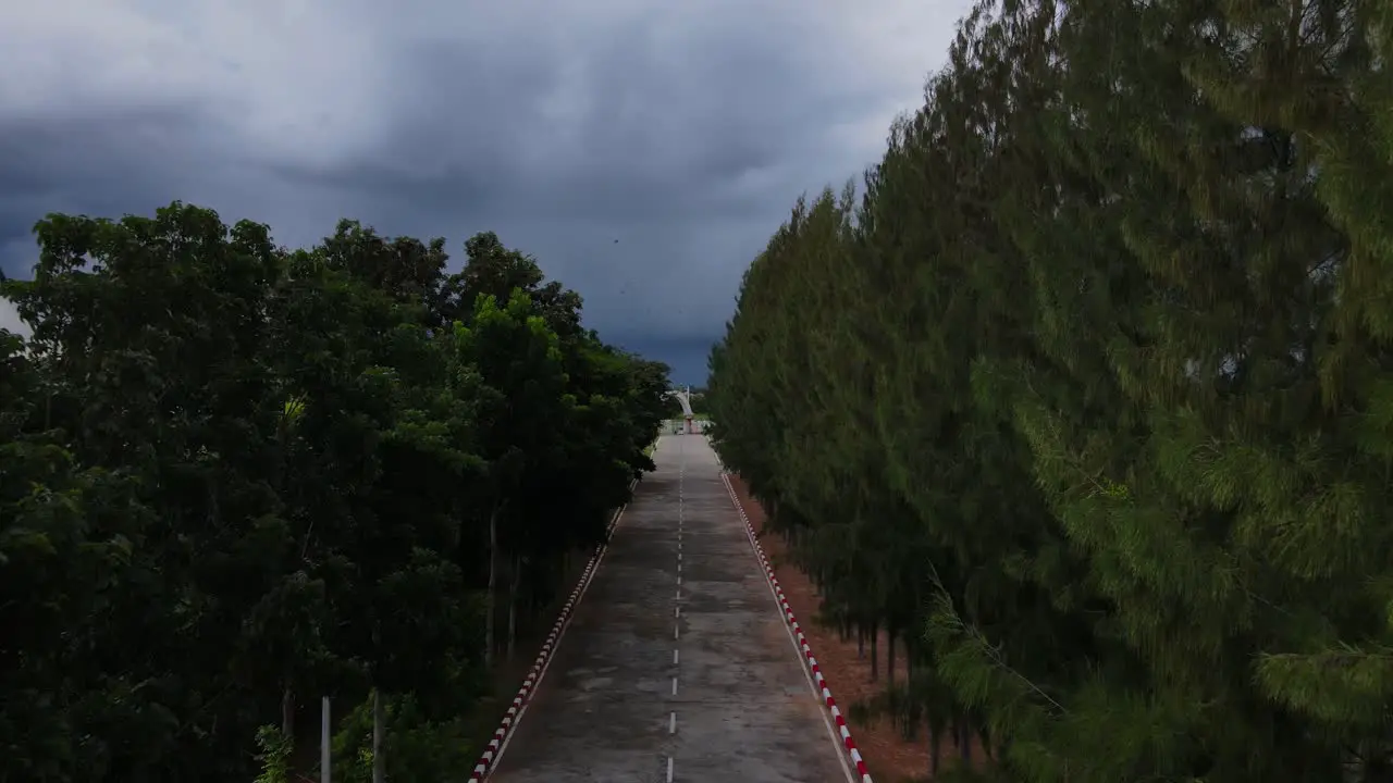 Aerial footage of a coming dark storm along a rural country road lined with trees