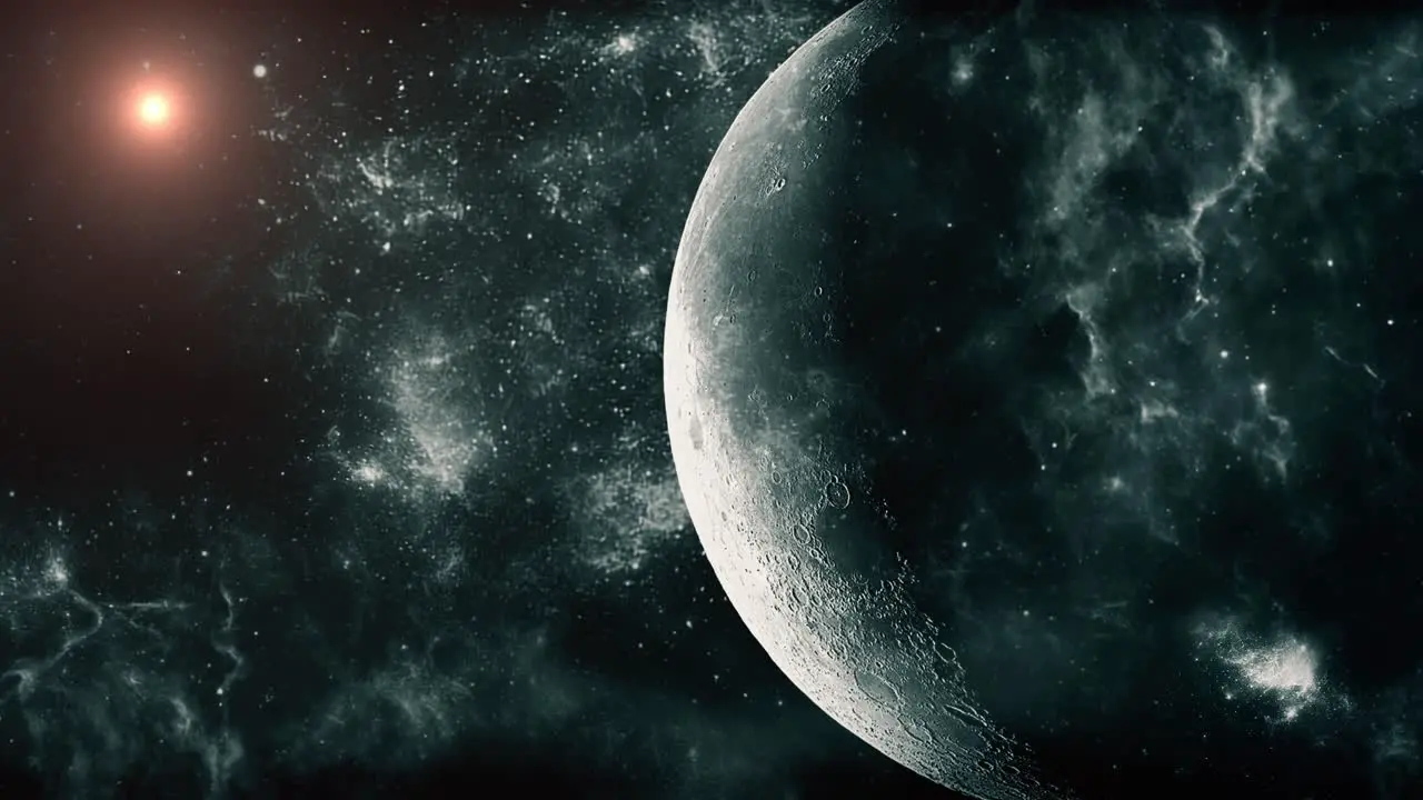 a cinematic moon surrounded by clouds and dust from outer space