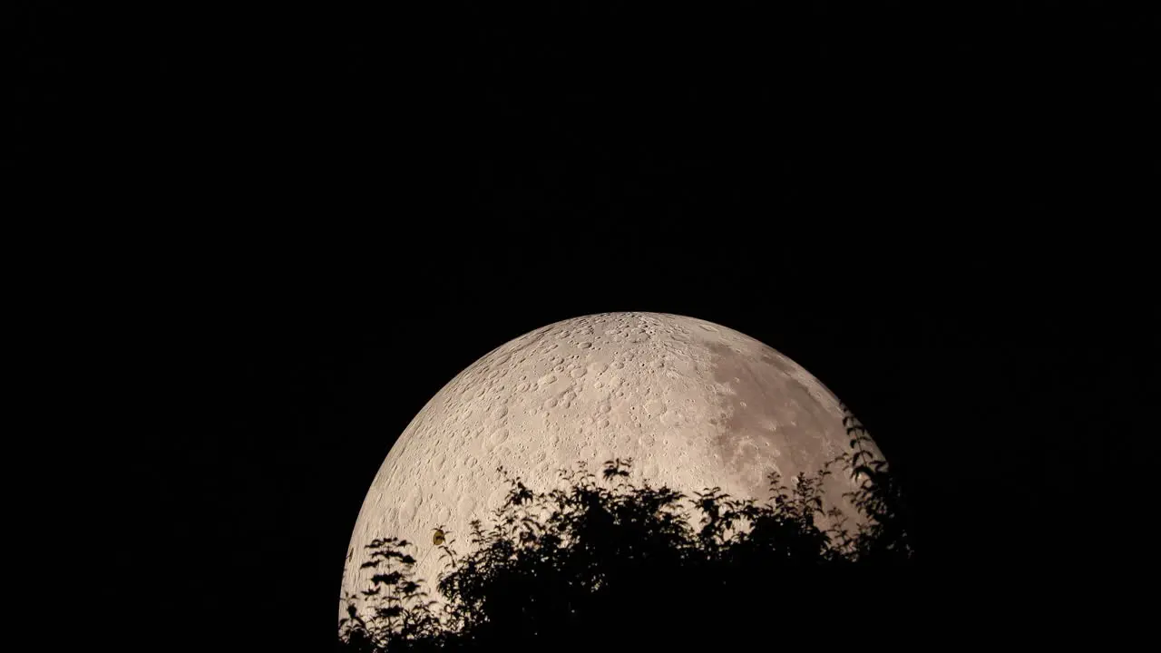 A moon with a detailed view with treetops in the foreground during the night a Lunalon construction of a large inflatable balloon with a detailed landscape layout on the moon in real form captured