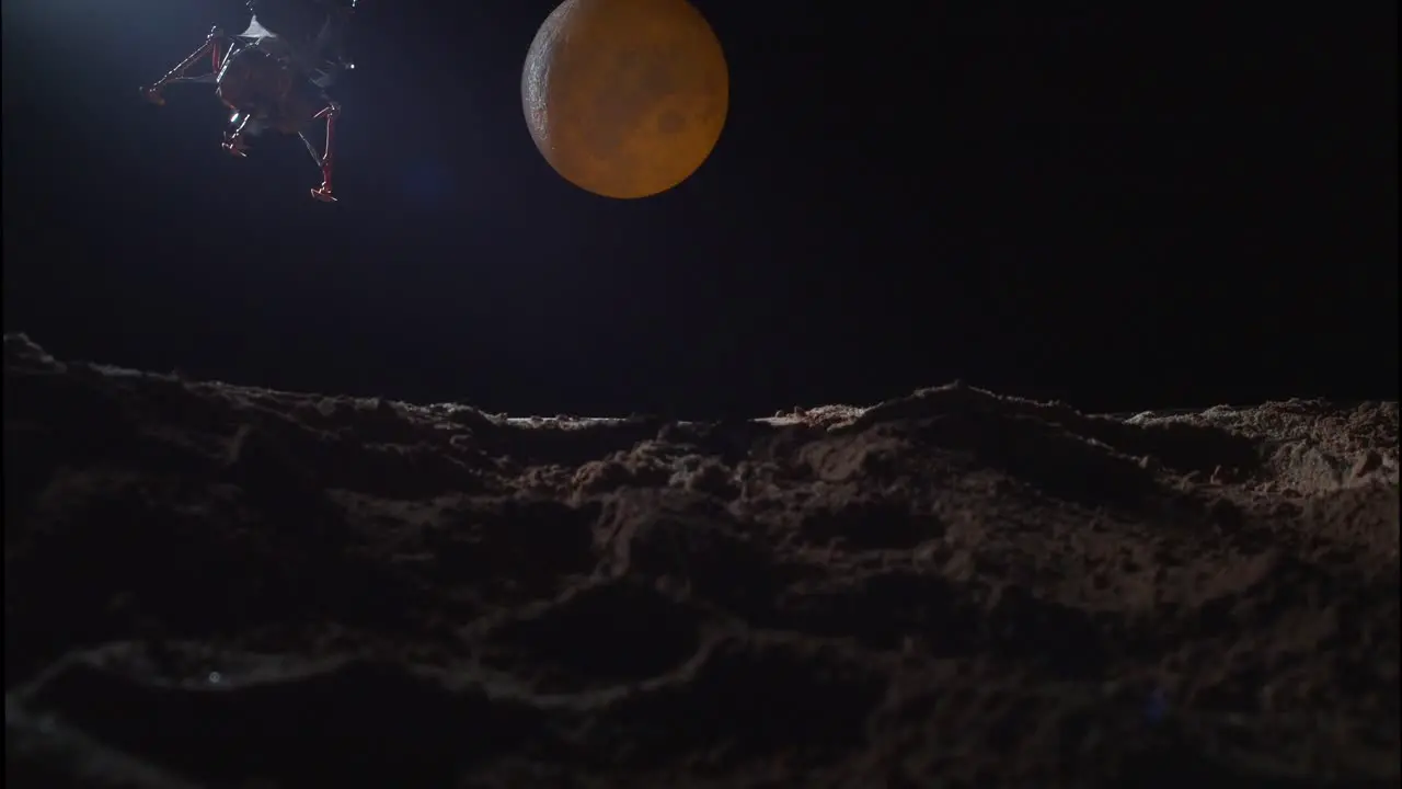 Space mission landing on the lunar surface seen from the moon pov of a spacecraft landing in the space