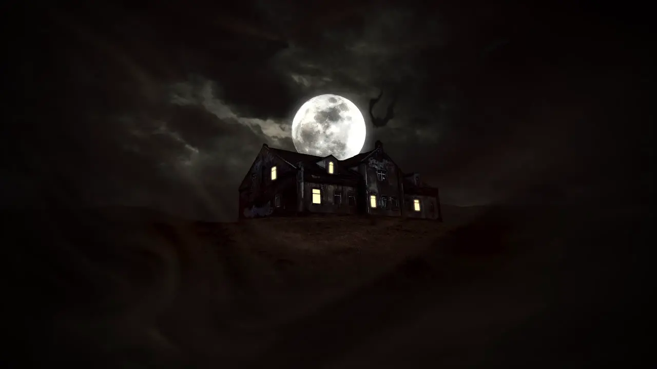 Mystical horror background with the house and moon