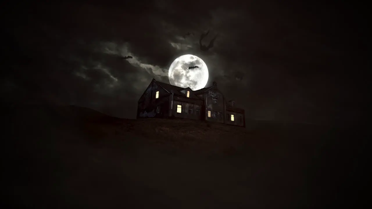 Mystical horror background with the house and moon abstract backdrop