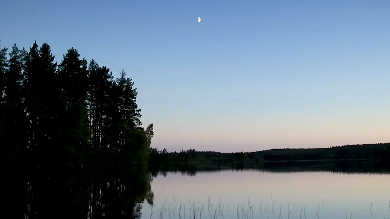 Moon in water reflection paning upwards over a lake in a forest