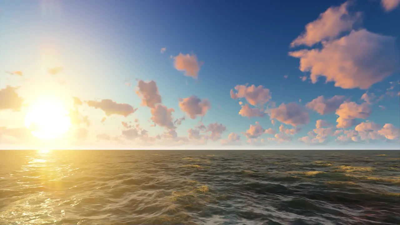 3D photorealistic animation of a natural environment with a sunset on the left side of the screen clouds blue sky and ocean waves