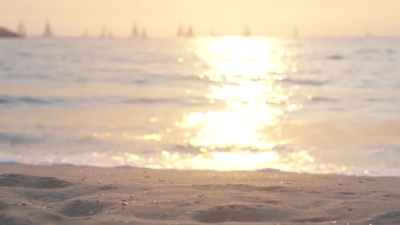 the waves and sand are illuminated golden by the sunset slowmotion