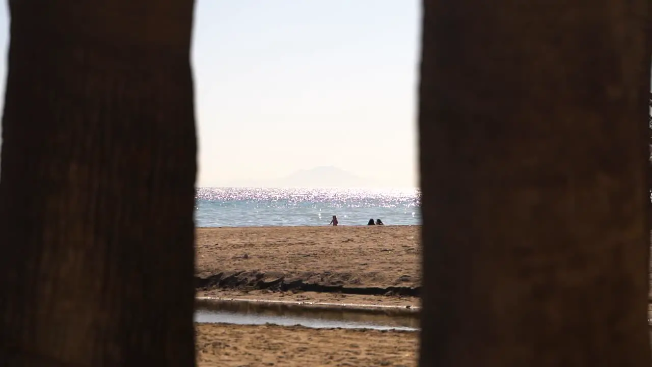 Interesting beach view in between two trees towards people and ocean in slow motion