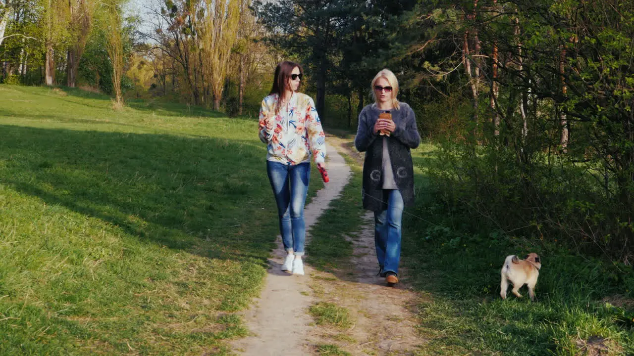 Two Women Walking In The Park With Their Dog