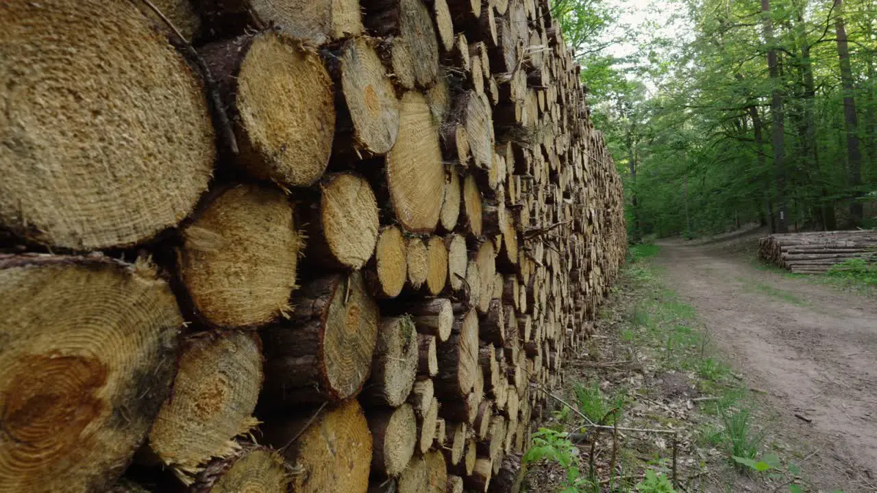 Dolly along freshly logged timber harvest stacked in clean organized pile in forest deforestation